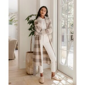 JENNI KAYNE Luxurious Belted Sweater Coat Long Cardi Oatmeal Stripe Yak Alpaca L
